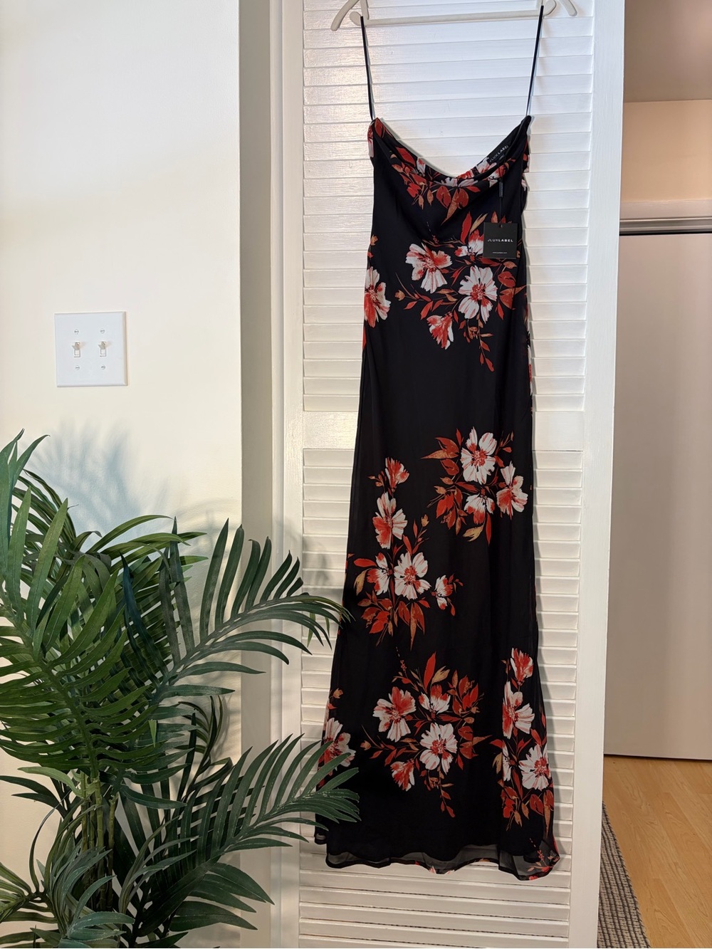 JLUXLABEL Black Maxi Slip Dress with Red & White Floral Print